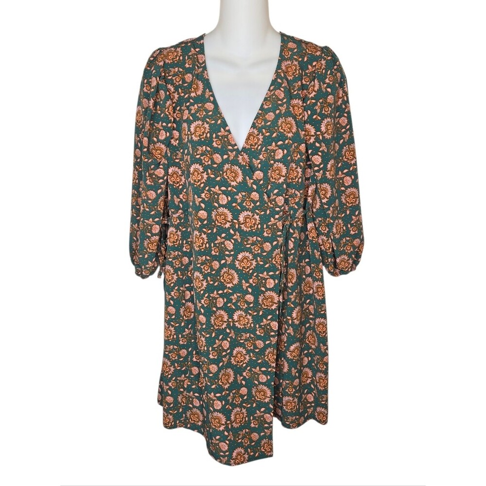 Topshop Maternity Nwot Boho Floral Wrap Mini Dress US 4 Teal Pink Puff Sleeve